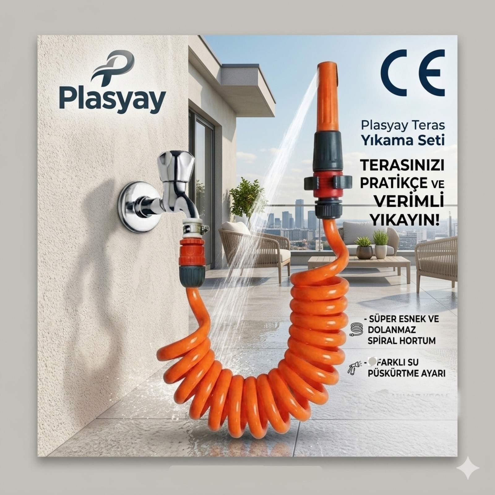 Plasyay Spiral Sulama Yıkama Hortumu Kelepçe Adaptörlü ve Ayarlı Lans 4 Metre Setler