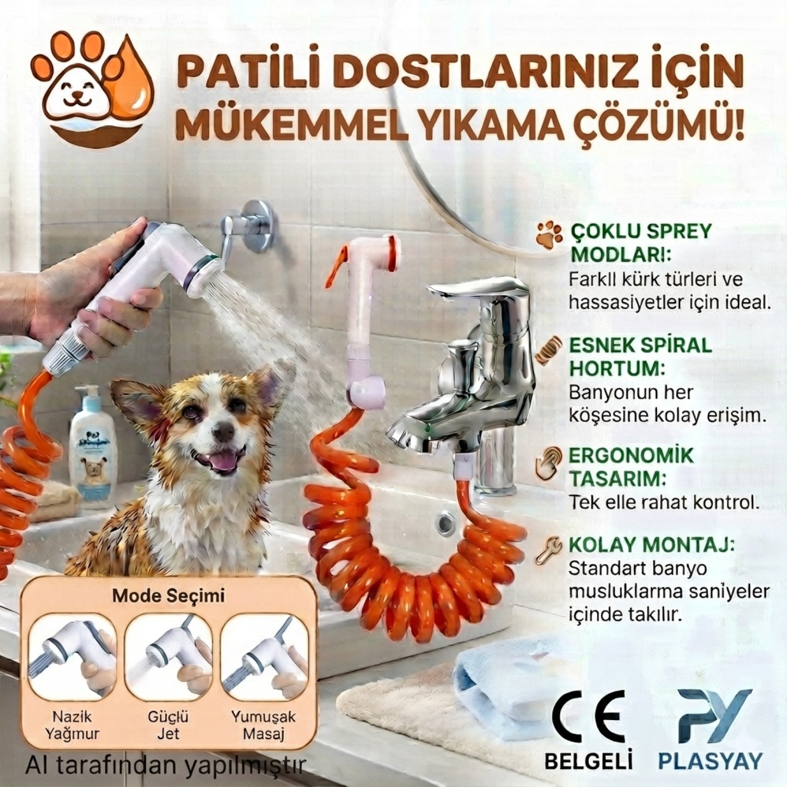Plasyay Spiral Evcil Hayvan Yıkama ve Mandallı Şattaf (Bide) Başlıklı Duş Hortumu 3 Metre Setler